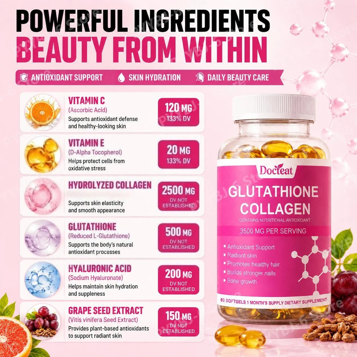 Docteat Glutathione Collagen Softgels with Hydrolyzed Collagen Vitamin C Antioxidant Support Skin Hydration 60 Softgels