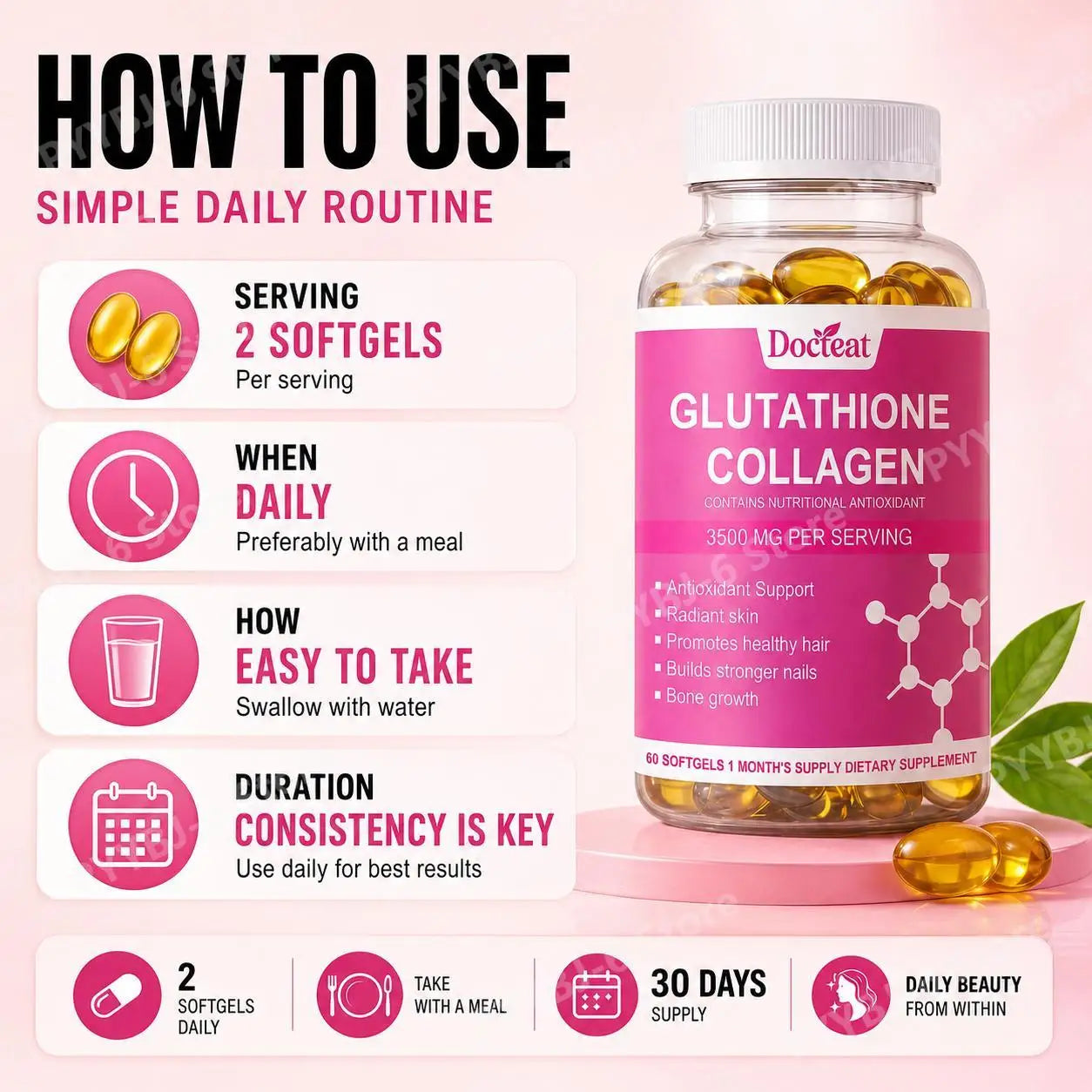 Docteat Glutathione Collagen Softgels with Hydrolyzed Collagen Vitamin C Antioxidant Support Skin Hydration 60 Softgels