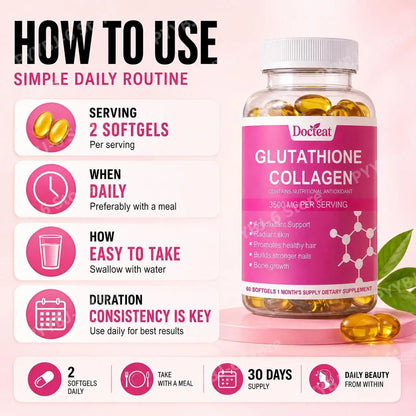 Docteat Glutathione Collagen Softgels with Hydrolyzed Collagen Vitamin C Antioxidant Support Skin Hydration 60 Softgels