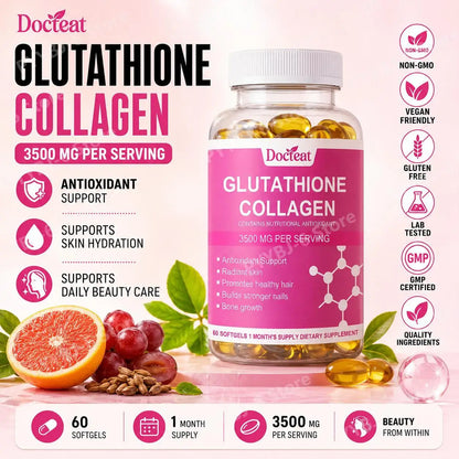 Docteat Glutathione Collagen Softgels with Hydrolyzed Collagen Vitamin C Antioxidant Support Skin Hydration 60 Softgels